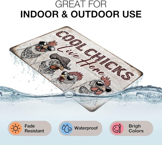 Heuhuww Chicken Coop Decor Cool Chicks Live Here Tin Sign for Farm Home Chicken Coop Vintage Rooster Decor 12" x 8"(H3)