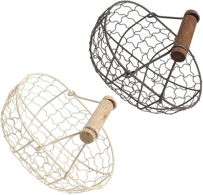 2pcs Wire Egg and Bread Basket with Wooden Handle, Farmhouse Style Multi-function Fruit Storage Container for Kitchen Countertop and Pantry Organization