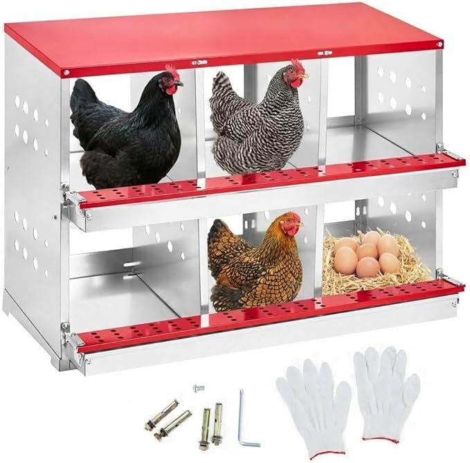Heavy Duty Metal Chicken Nesting Box – 6 Compartments, Roll-Out Egg Collection, Pull-Out Tray, Swing Perch, Wall Mount, Easy Clean, for Hens & Ducks, Indoor/Outdoor, with Cover-Red, 96×48×71cm