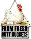 Farmhouse Kitchen Wall Decor, Chicken Coop Sign Farm Fresh Butt Nuggets, Rustic Wood Hanging Plaque, Vintage Painting Style Hen and Eggs Wall Art for Country Kitchen Breakfast Nook, 9.8x11.1 Inches