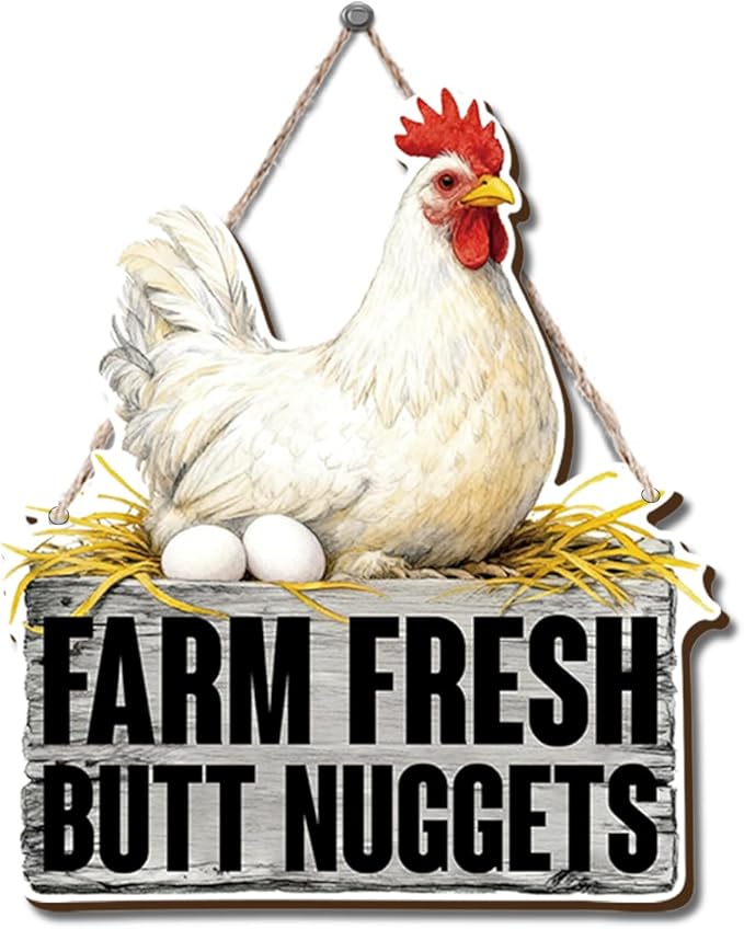 Farmhouse Kitchen Wall Decor, Chicken Coop Sign Farm Fresh Butt Nuggets, Rustic Wood Hanging Plaque, Vintage Painting Style Hen and Eggs Wall Art for Country Kitchen Breakfast Nook, 9.8x11.1 Inches
