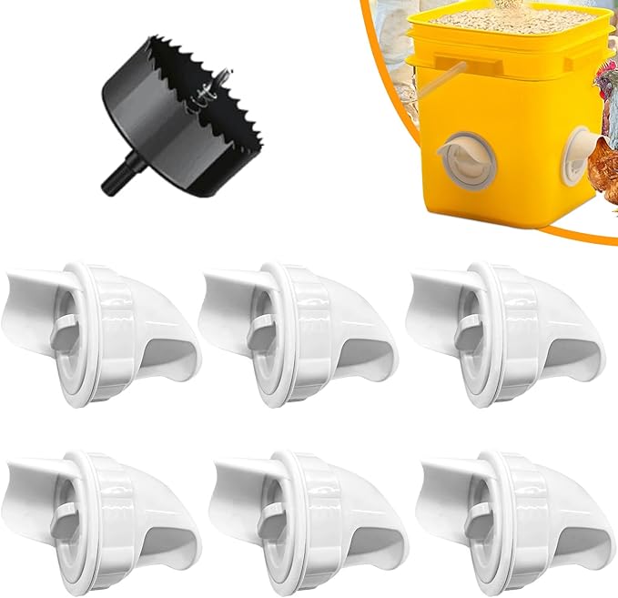 Chicken Feeder Ports Kit, 4 Pack DIY Bucket Poultry Feeder Cups with Hole Saw, No Waste Chicken Feeder for Backyard Coop