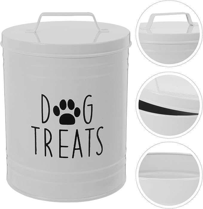 Airtight Iron Dog Food Storage Container with Lid, White Sealed Dog Treat Jar for Small to Medium Pets, Sturdy Metal Grain Storage Barrel for Home Use
