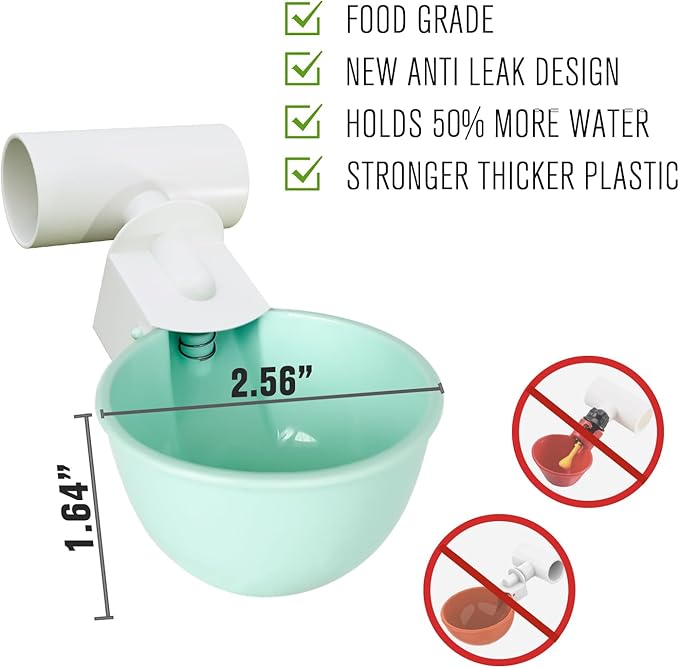 4PC Chicken Water Cups with PVC Tee Fittings for 1/2" Pipe, Automatic Chicken Watering System, Anti-Leak, Holds 50% More Water, Suitable for Chicks, Chicken, Duck, Quail, Birds, Turkey