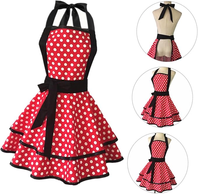 Cotton Dot Pattern Double-layer Apron for Women Lace-up Neck Strap Kitchen Cooking and Cleaning Work Apron for Home Hotel Use Soft