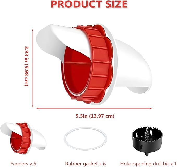 DIY Chicken Feeder kit -6-Port Waste Free Gravity Poultry Feeder with Hole Saw and lid, Suitable for Bucket/Barrel/Box/Trough (Weatherproof, red)