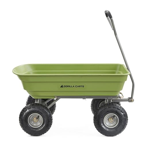 Gorilla Carts Poly Garden Dump Cart, 4 Cu Ft Tub, 600 lb Haul Capacity, Green – Heavy-Duty Utility Wagon with Quick-Release Dumping & Pneumatic Tires for Yard, Landscaping and Gardening