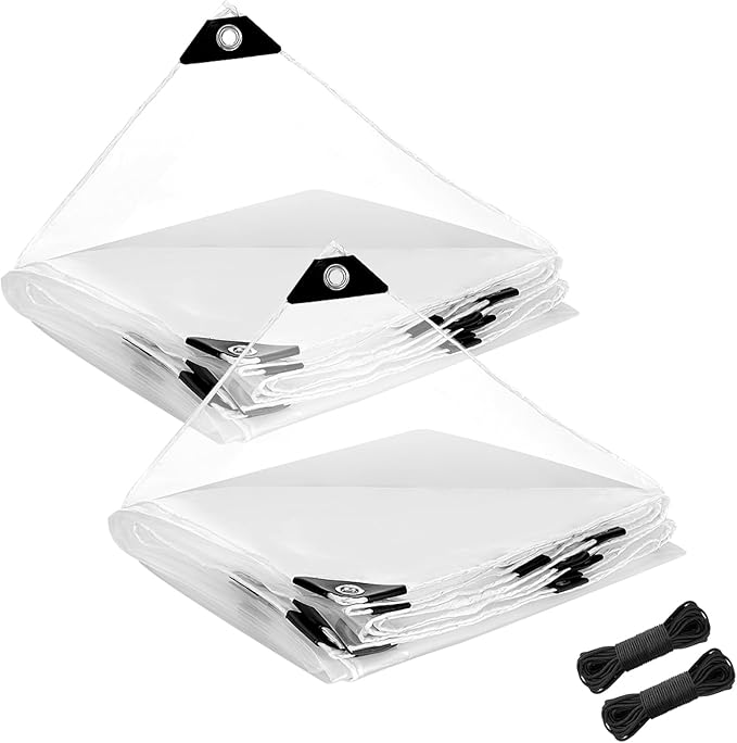 2 Pcs 6.6 x 10 ft Thicken Waterproof Clear Tarp - 5 mil Anti-Tear Windproof Garden Transparent Poly Tarpaulin, Snowproof PVC Tarp with Grommets for Winter Greenhouse Patio Enclosure Chicken Coop