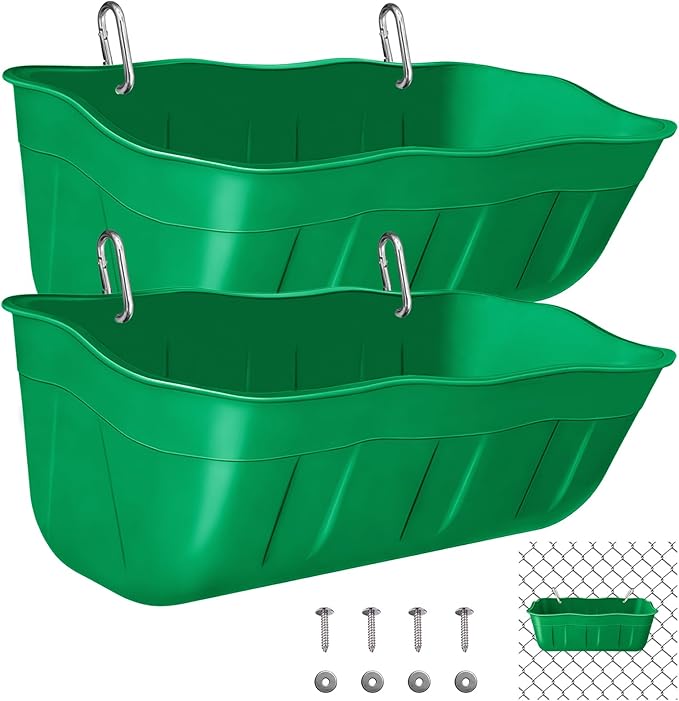 Hanging Chicken Feeders,Duck Feeder Waterer,Small Feed Trough 1.3 Quart 2 Pack,Hanging Fence Feed Trough for Poultry,Green
