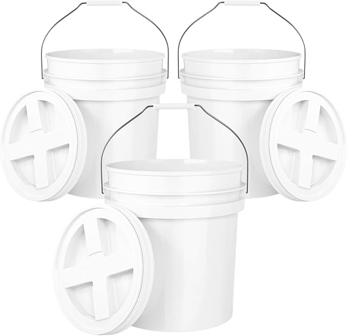 5-Gallon White Bucket Pail with Gamma Seal Screw on Airtight Lid, Heavy-Duty 90MIL Extra Durable, Food Grade, Metal Handles with Plastic Grip for Easy Carrying, Easy Stack & Store, BPA Free - 3 Pack