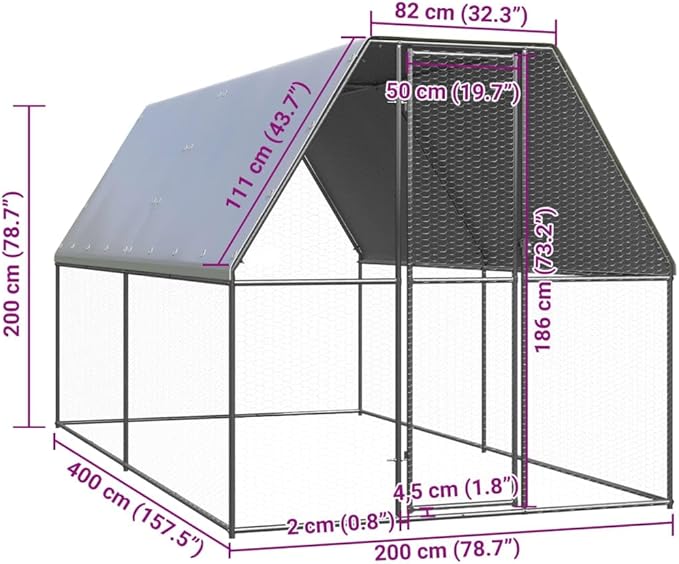 Silver Chicken Cage Galvanized Steel Outdoor 6.6x13.1x6.6 ft UV-Resistant Run for Small Pets & Poultry Coop for Backyard Garden