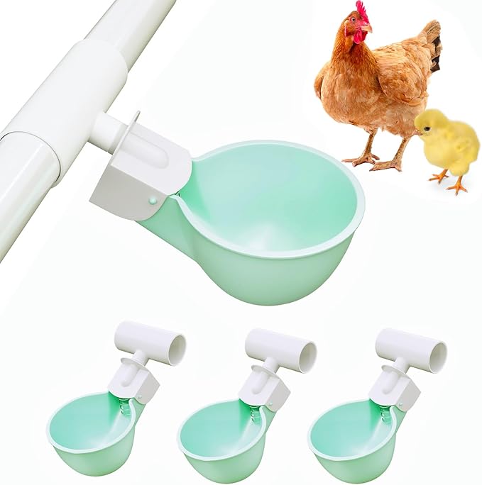 4PC Chicken Water Cups with PVC Tee Fittings for 1/2" Pipe, Automatic Chicken Watering System, Anti-Leak, Holds 50% More Water, Suitable for Chicks, Chicken, Duck, Quail, Birds, Turkey