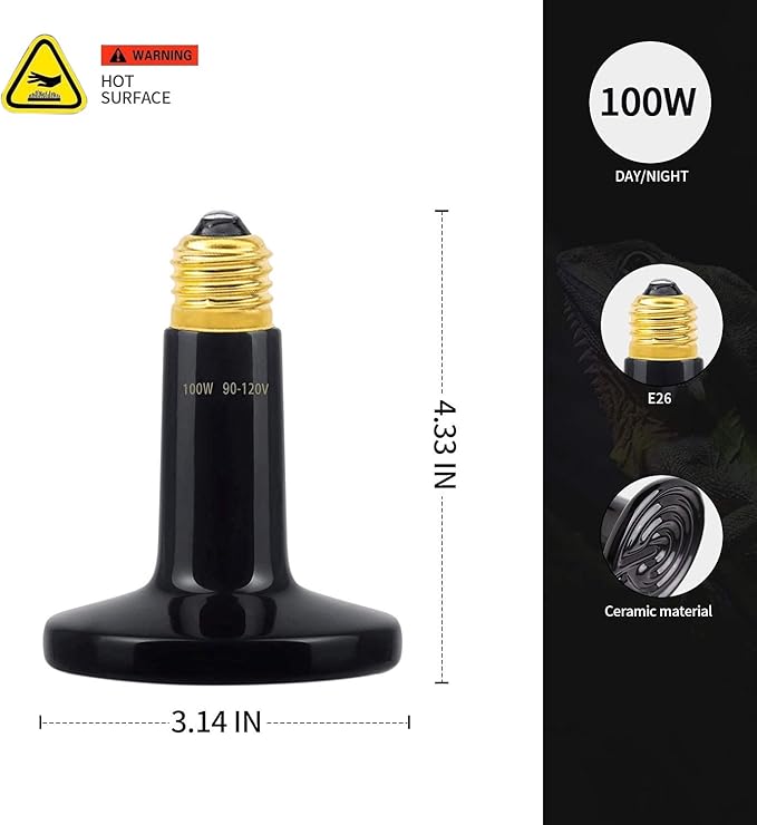 Ceramic Heat Emitter 100 Watt No Light Emitting Che Bulb Reptile Heat Lamp Bulb Light Emitter Chicken Lamp for Pet Coop Heater Lizard Turtle Brooder Aquarium Snake - 2 Pack