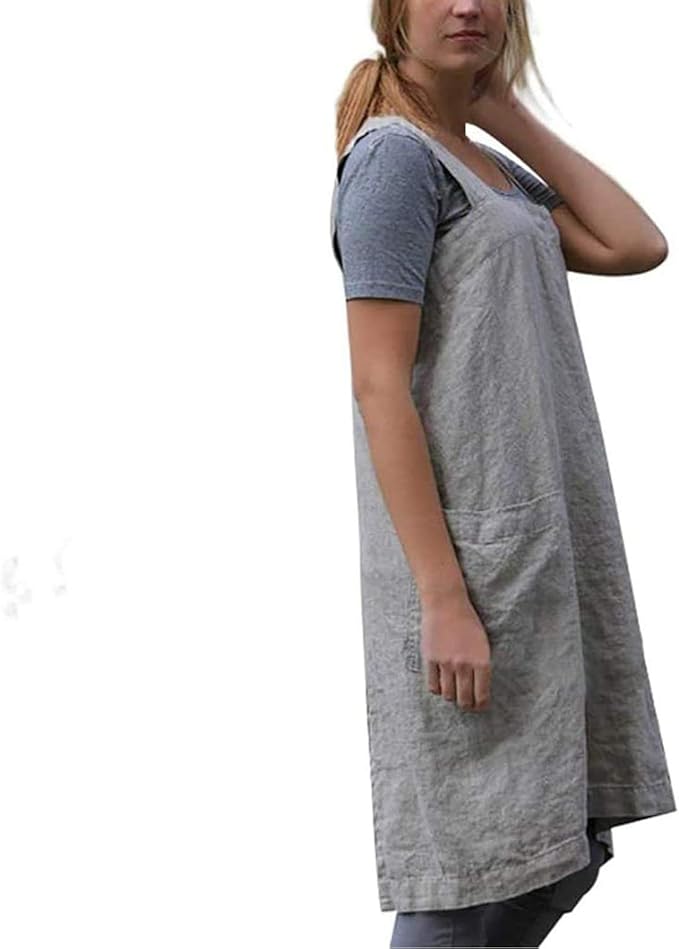 Cotton Linen Apron Cross Back Apron for Women with Pockets Pinafore Dress for Baking Cooking
