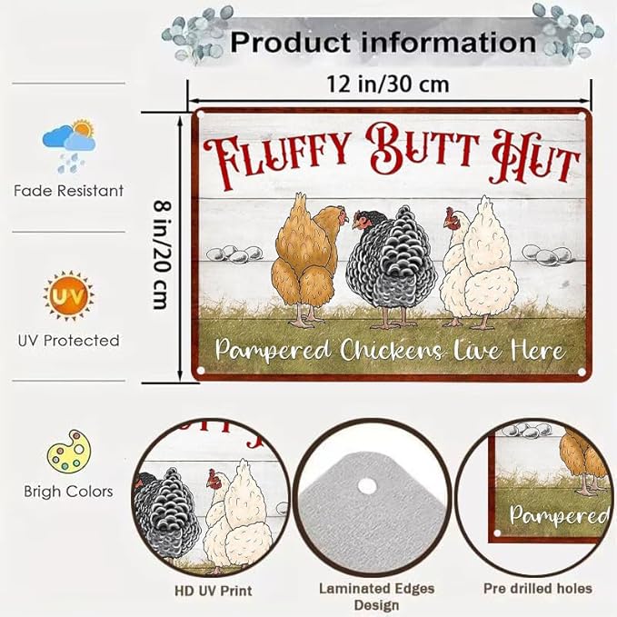 Fluffy Butt Hut Metal Tin Sign Funny Chicken Coop Sign For Home Decor Kitchen Decoration Wall Art Farm Farmhouse Vintage Decor Chicken Coop Accessories 12X8 Inch