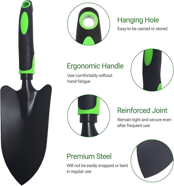 Garden Tools Set, 3 Pack Heavy Duty Gardening Kit Including Garden Shovel, Transplant Trowel and Hand Rake, Ideal for Digging, Weeding and Planting