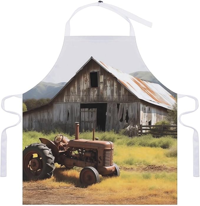 Old Wooden Barn Tractor Apron For Men Women,Waterproof Adjustable Kitchen Aprons With Big Pocket, Work Aprons For Cooking Gardening Server Waitress Maid