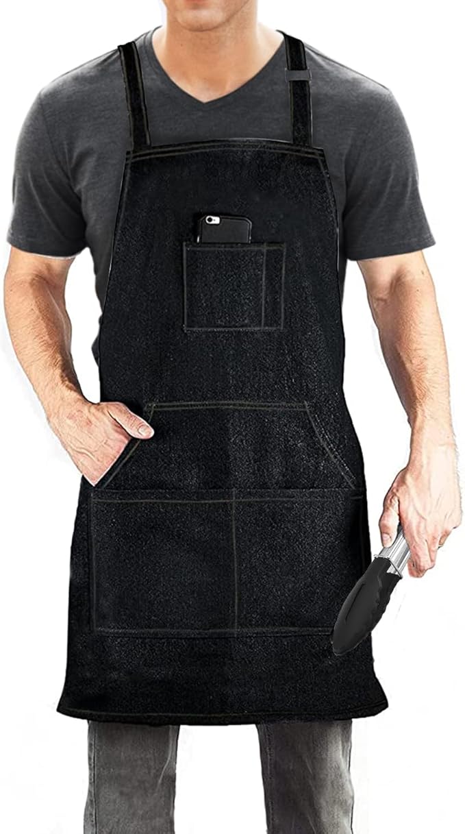 Black Denim Aprons for Men/Women with Pockets Tool Apron Waterproof Adjustable Canvas Apron Lightweight Kitchen Apron Work Apron