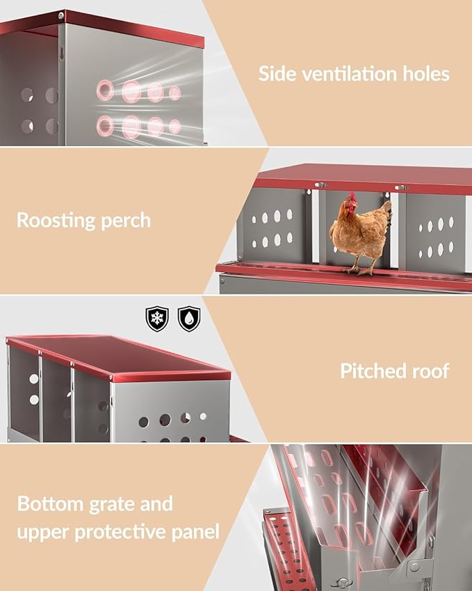 8-Compartment Galvanized Metal Chicken Nesting Box – Roll Away Egg Tray, Rustproof, Perch, 8 Training Eggs – Waterproof Ventilated Coop Accessory – Red