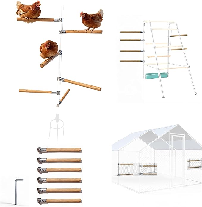 6pack Chicken Roosting Bars with Conectors, Adjustable & Replaceable Wood Bar (13" L)
