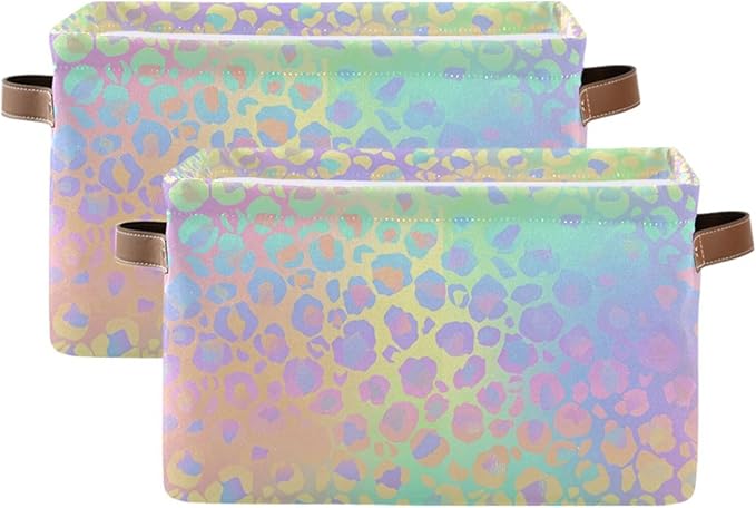 JIPONI Rainbow Leopard Fabric Storage Bins for Shelves, Decorative Storage baskets for organizing, Closet Organizer with Handle for Cloth, Toys, Bedrooms, Farmhouse