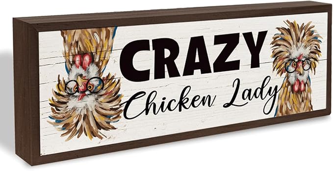 Funny Chicken Decors, Crazy Chicken Lady Sign, Hens Rooster Farm Decor, Chick Coop Sign, Rustic Framed Wooden Plaque, Farmhouse Home Decor 9.5x3.1x1 inches