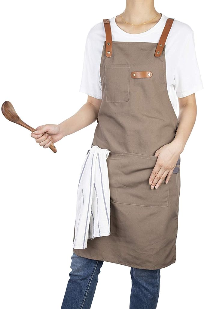 NEOVIVA Canvas Tool Apron for Men and Women with Pockets, Heavy Duty Cross Back Work Apron for Shop BBQ Woodworking