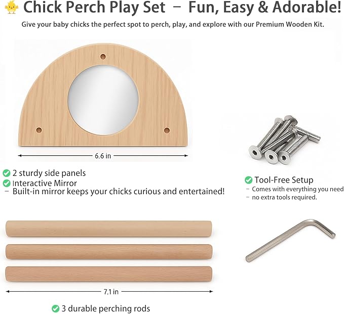Chick Perch with Mirror – Sturdy Wooden Roosting Bar for Coop & Brooder, Training Perch for Chicks, Easy to Assemble & Clean, Fun Activity Toy for Poultry