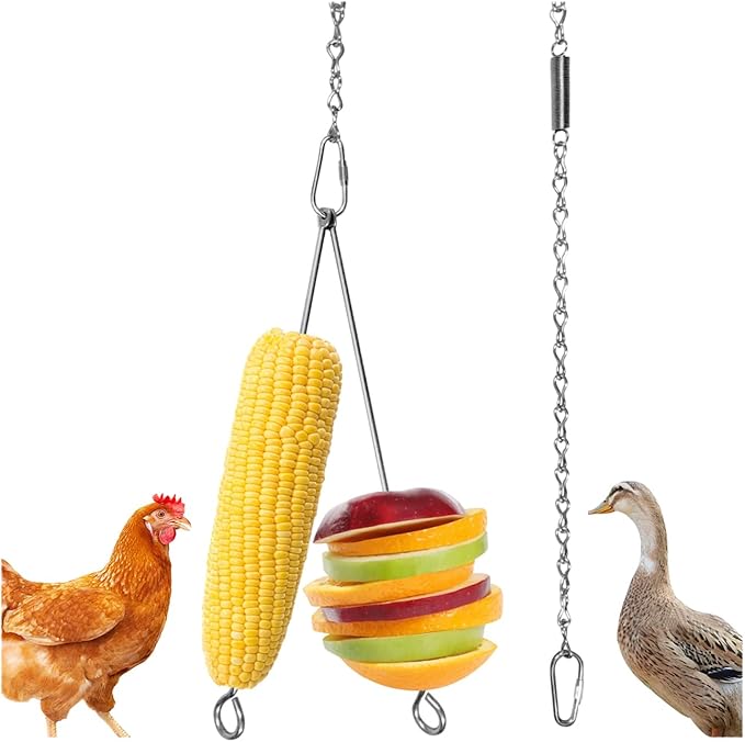 Hanging Chicken Feeder Chain 2 Veggies Skewers Stainless Steel Vegetable Forks Fruit Feeders for Hens Ducks Goose and Large Birds Coop Toy Accessories