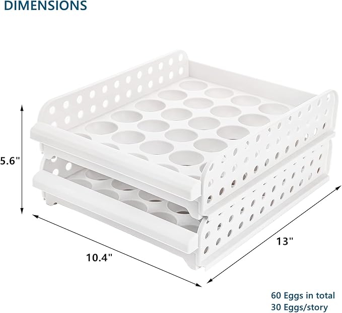 DEAYOU 60 Egg Drawer for Refrigerator, 2-Layer Stackable Egg Holder Storage Container for Countertop, Large Capacity Plastic Fresh Egg Tray Dispenser Organizer Keeper with Handle for Kitchen