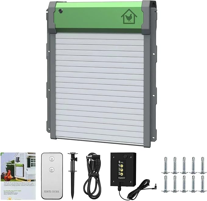 Automatic Chicken Coop Door Solar Powered Aluminum Alloy Chicken Door with Timer/Light Sensor/Remote Control/Manual Mode(Green)