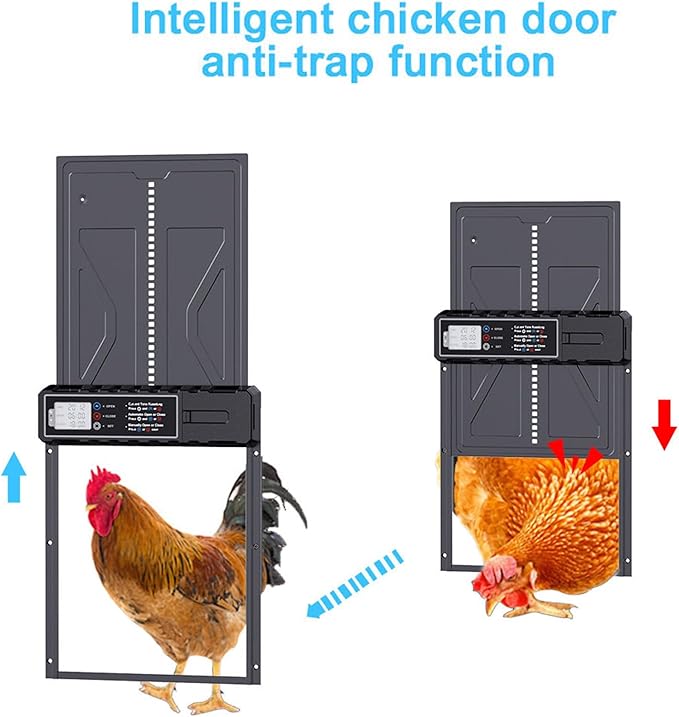 Automatic Chicken Coop Door Solar Powered,Aluminum Alloy Auto Door with Timer & Light Sensor, LCD Display, Solar Chicken Coop Door Anti-Pinch & Weatherproof, Vertical Sliding Door