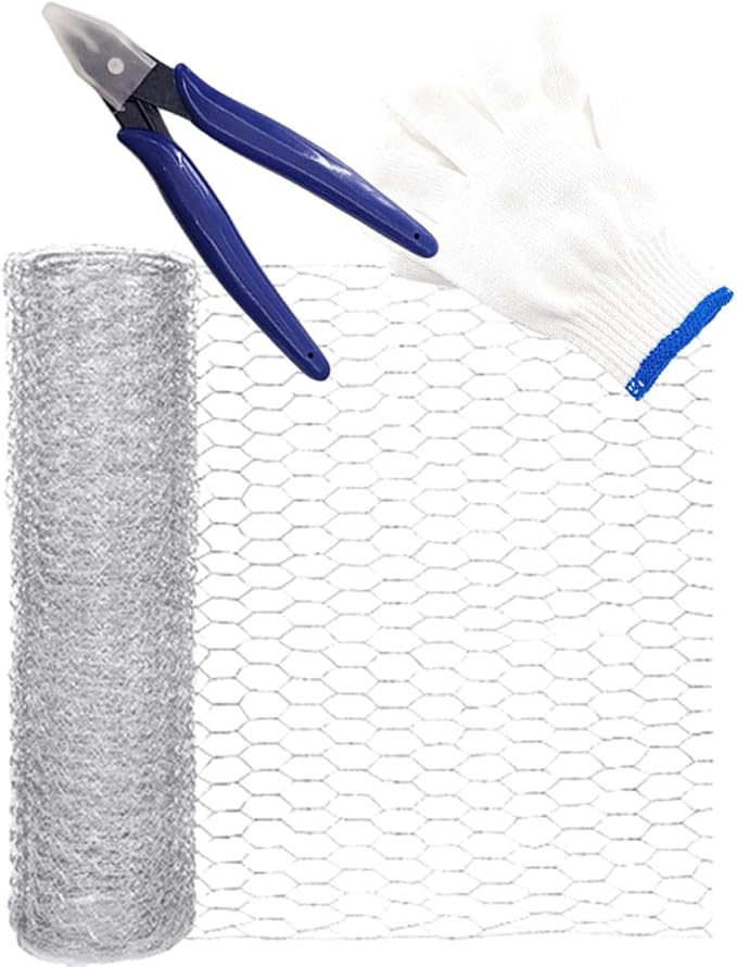 Housoutil Hexagonal Galvanized Chicken Wire Mesh for Crafts and Garden Fencing 0.4m X 5m Roll with Cutting Pliers and Protective Gloves, Lightweight Wire Netting for Poultry and Plant
