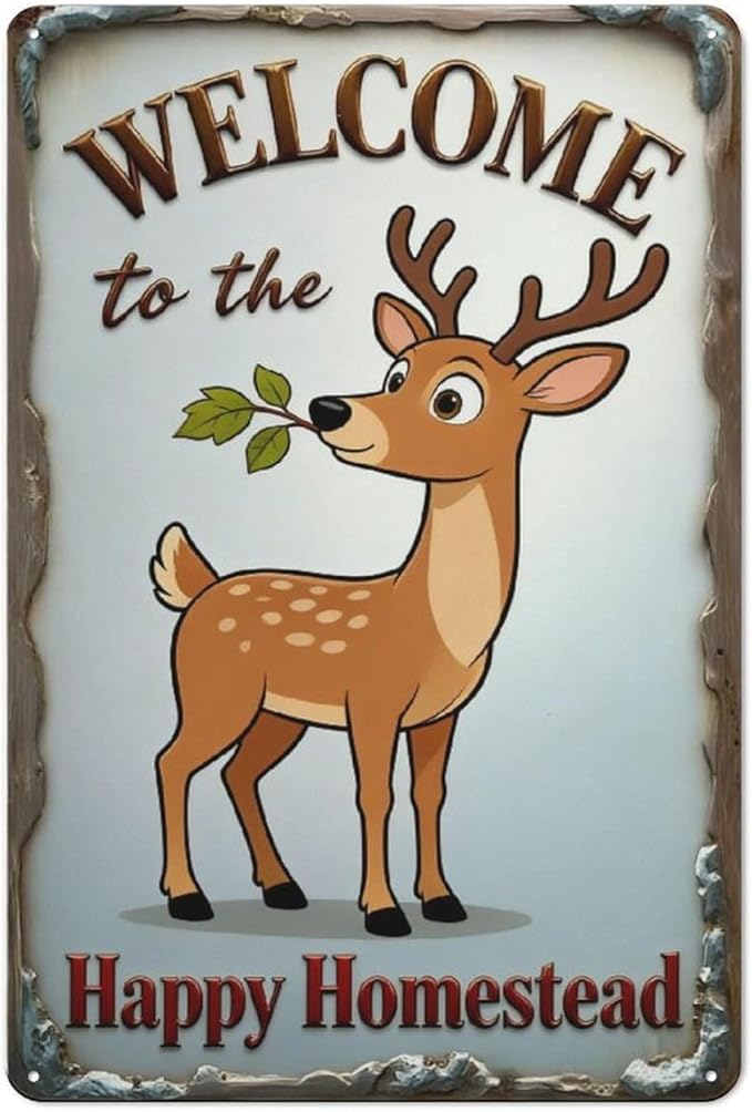 Deer Metal Tin Sign 12x8 Inch – “Welcome to the Happy Homestead” Vintage Farmhouse Wall Decor Wall Art Plaque for Porch Entryway Home