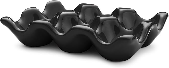 Flexzion Ceramic Egg Holder for Fridge - 6 Cups Egg Tray Half Dozen Porcelain Container Keeper Storage Organizer Decorative Serving Dish Serveware for Refrigerator Countertop Display Kitchen (Black)