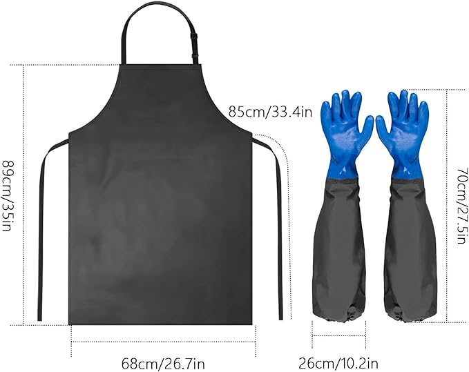 2 Pack Waterproof Rubber Vinyl Apron 40 Inch with 1 Pair Chemical Resistant Rubber Gloves(22 Inch),Heavy Duty Adjustable Dishwasher Apron,Work Aprons for Dishwashing, Cooking, Butcher, Lab, Gardening