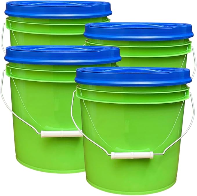 House Naturals 2 Gallon Food Grade - BPA Free Made in USA Buckets Lime Color pails with Screw On Gasket Lids (4, Lime - Blue lids)