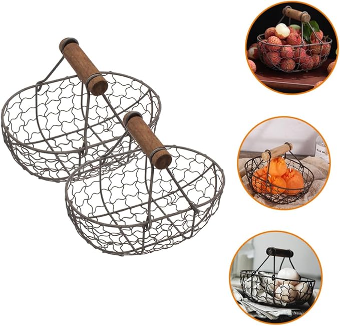 2pcs Small Iron Storage Basket with Wooden Handle, Farmhouse Style Metal Fruit and Egg Holder for Kitchen Countertop Organization, Vintage Rustic Wire Basket for Bread and Pantry
