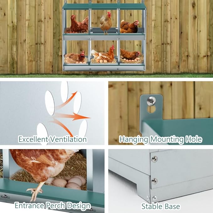Green Chicken Nesting Box for Laying Eggs – Roll Away Poultry Nest, Durable & Easy-Clean Hen Egg Box for Coops, Secure & Comfortable (6-Hole,Green)