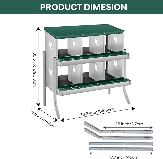 6-Hole Chicken Nesting Box, Rustproof Galvanized Steel, Wall-Mounted Metal Laying Box for Hens, Easy Egg Collection & Cleaning, Roll Away Nest Boxes - Green
