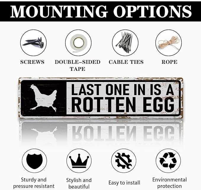 Rustic Farmhouse Style Chicken Coop Sign, Metal Outdoor Chicken House Signs, Last one in is a Rotten Egg, Retro Metal Tin Sign, Farmhouse Decor, Backyard Hen House Gift 15.8x4 Inch