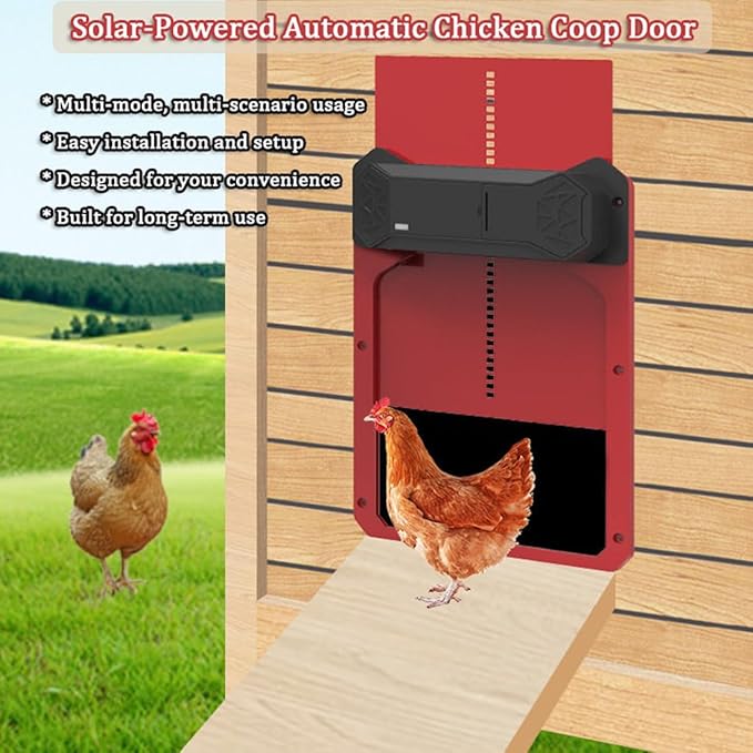 Automatic Chicken Coop Door Solar Powered, 4 Modes Automatic Chicken Door with Timer & Light Sensor, Waterproof Aluminum Alloy Chicken Door with LCD Screen Red