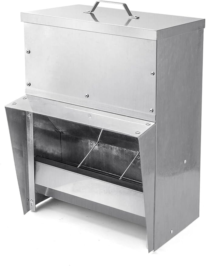 vensovo Galvanized Chicken Feeder - 25Lbs Outdoor Waterproof Metal Feeder with Lid, Coop Food Dispenser No Waste for Chicken, Haning or Stand