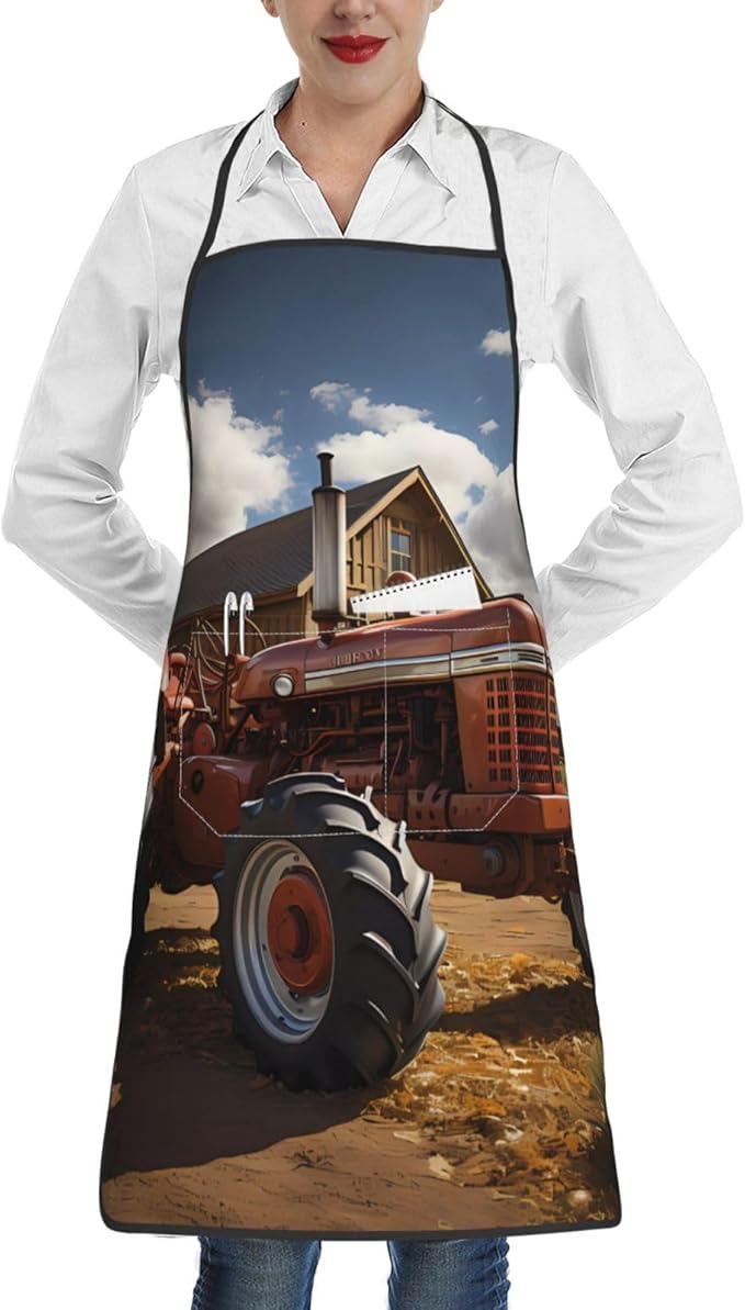Red Tractor Kitchen apron with one pocket, oil and stain resistant, unisex, adjustable.