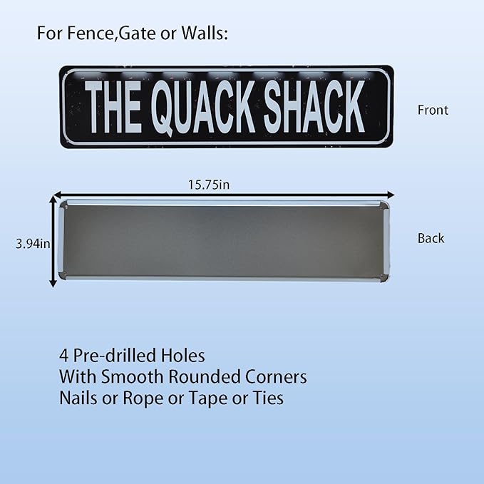 Quack Shack Retro Metal Tin Sign - Duck Waterfowl Chicken Coop Decor, Rustic Street Sign, Door Name Plate Plaque for Farmhouse Pub, Bar, Home Wall Art 16x4 Inch (black)