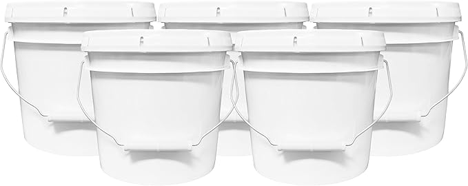 1-Gallon Bucket with Airtight Lid – Made in USA, Food Grade BPA Free Plastic, Heavy Duty Multi-Use, Metal Handle with Grip, Stackable Storage – White, 5 Pack