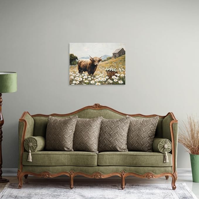 Yidepot Highland Cow Canvas Wall Art: White Flowers Farmhouse Artwork, Cow Pictures Bedroom Decor Ready to Hang 24x32inch