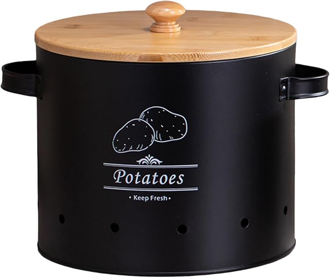 Potato Storage Tin Vegetables Storage Bin, Kitchen Organizer Kitchen Canister, Food Storage Container for Countertop Pantry, Black Large
