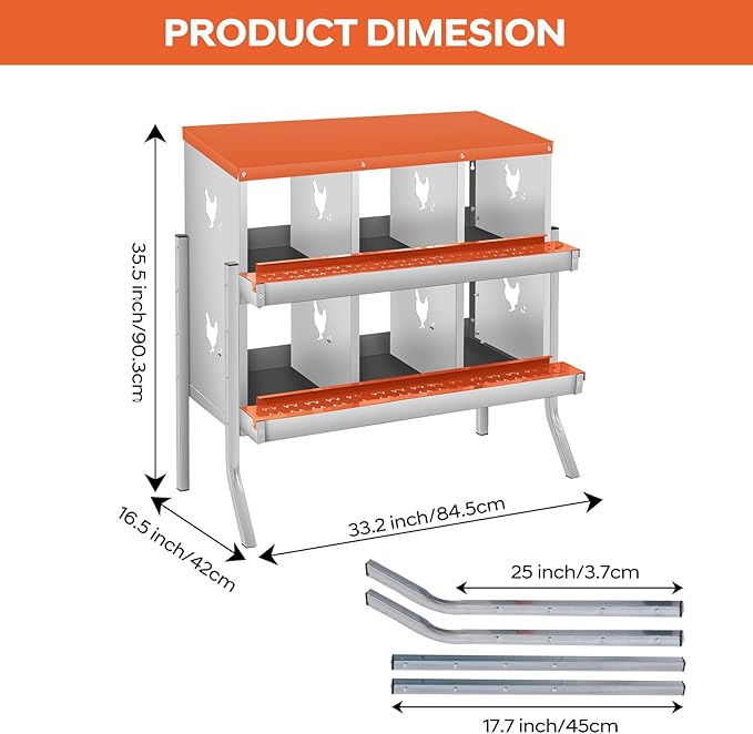 GarveeLife Chicken Nesting Box, 6 Compartments Nesting Box for Chickens, Two-Tier Galvanized Steel Chicken Egg Laying Box with Large Vented Holes Wall Mounting for Easy Egg Collection