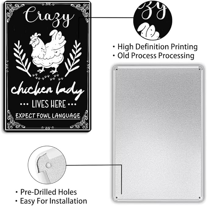 Funny Chicken Decorations for Coop -Crazy Chicken Lady Lives Here Expect Fowl Language Tin Sign Farm Chicken Coop Metal Decor Chicken Sign Chicken Gifts 8x12 Inch